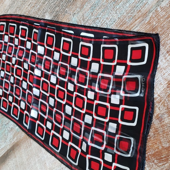 ECHO vintage printed Silk Scarf Red,Black,White 54"x11" EUC (scarf only) - Picture 3 of 8